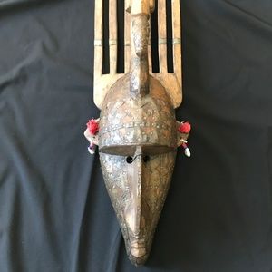 African N'tomo Wood Brass Bambara Tip Horned Mask